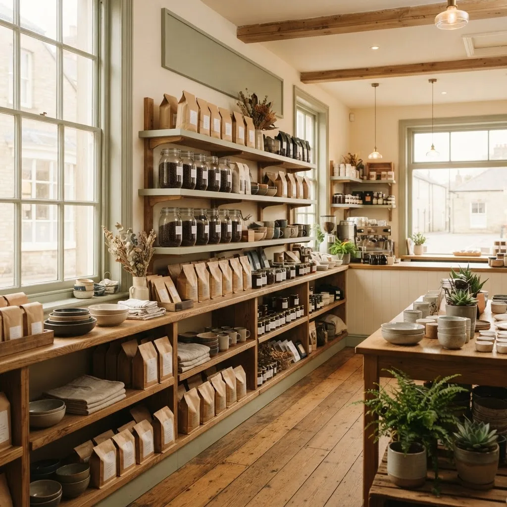 The interior of a warm, tidy coffee shop stocked with coffee
